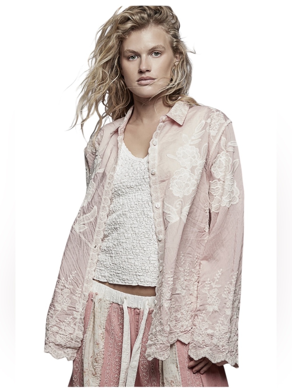POL Pink Embroidered Long Bell Sleeve Button Down Shirt Top